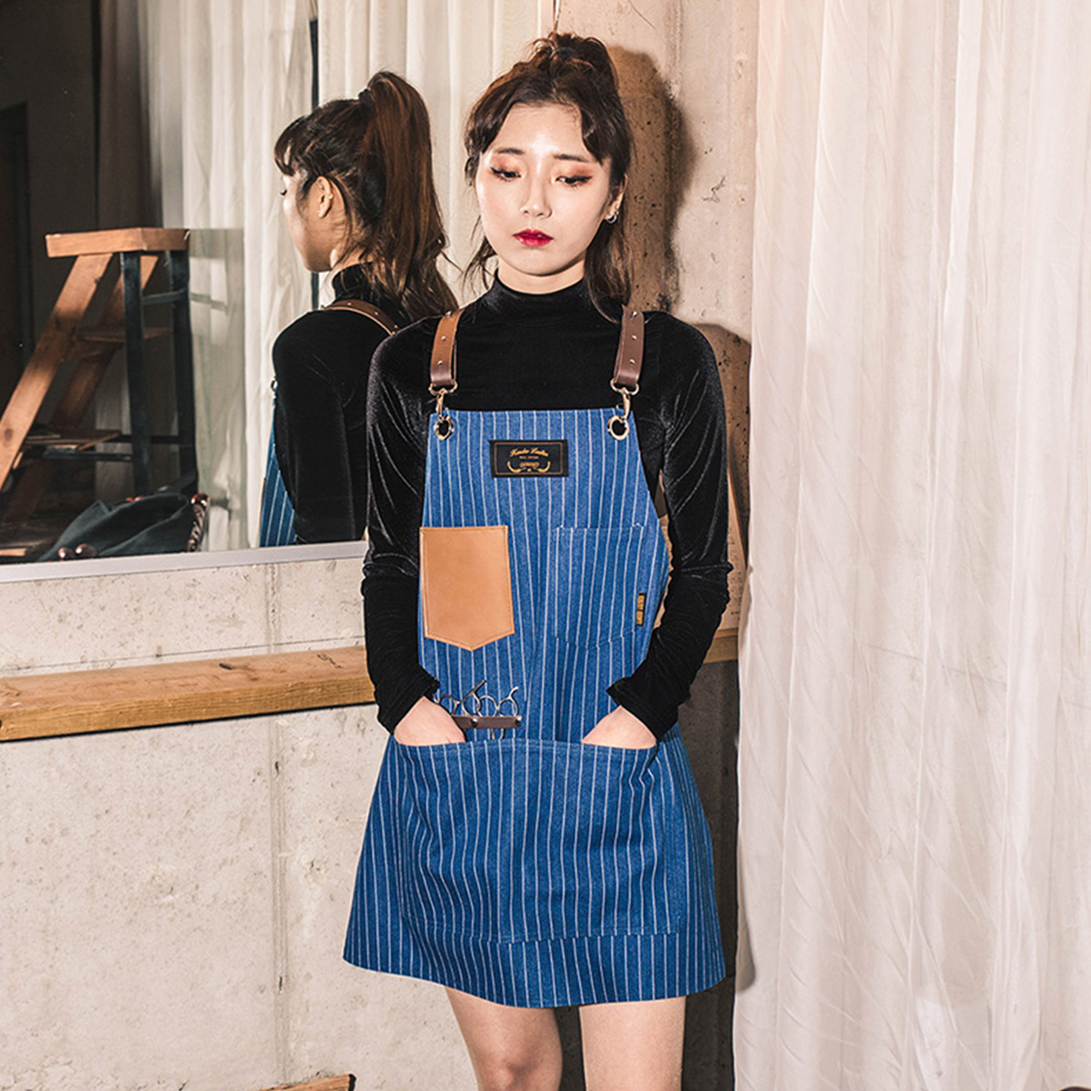 칸데오레더 크로코 블루스트라이프 공방 미용실 카페 미용사 바리스타 앞치마 가죽 데님앞치마