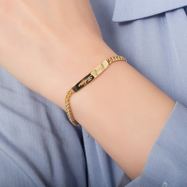 14k 할로우 커브 스틱 이니셜 체인 금 팔찌 - 상세 이미지 5