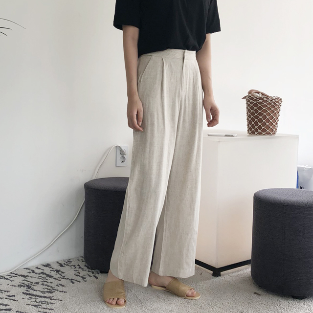 하이웨스트 린넨 여성와이드팬츠 여름 슬랙스 핀턱 여름바지 여자 슬랙스 통바지 베이지 화이트