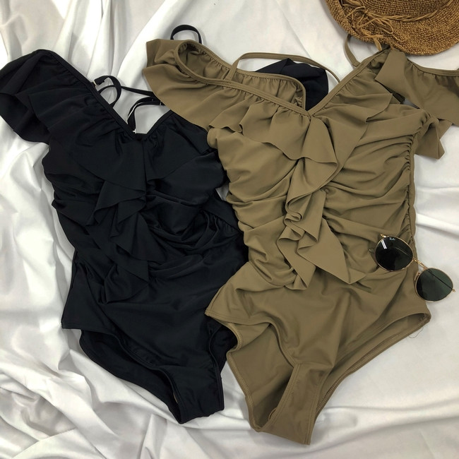 <b><p>Frill Off shoulder Monokini piece swimsuit</p></b><b><p>フリル オフショルダー モノキニ ワンピース 水着 2色 セクシー 韓非 洗練された非</p></b><br /><br /><p align='center'>