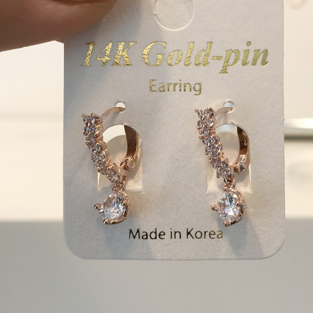 14K 골드핀 큐빅 딸랑이 웨딩 원터치 드롭 이어링 무알러지 금침귀걸이 - 상품 이미지