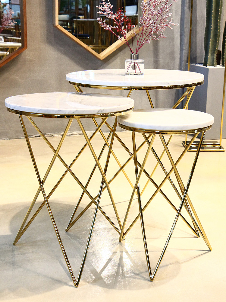 레이시 이태리 천연 대리석 골드 원형 미니 슬림 침대 소파 사이드 테이블 / 비앙코조이 CL233