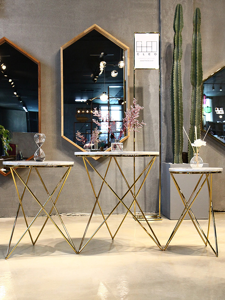 레이시 이태리 천연 대리석 골드 원형 미니 슬림 침대 소파 사이드 테이블 / 비앙코조이 CL233