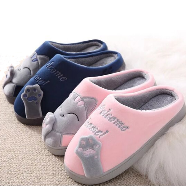 겨울 방한 고양이자수 털 실내화 사무실 거실용 고양이실내화여성핑크