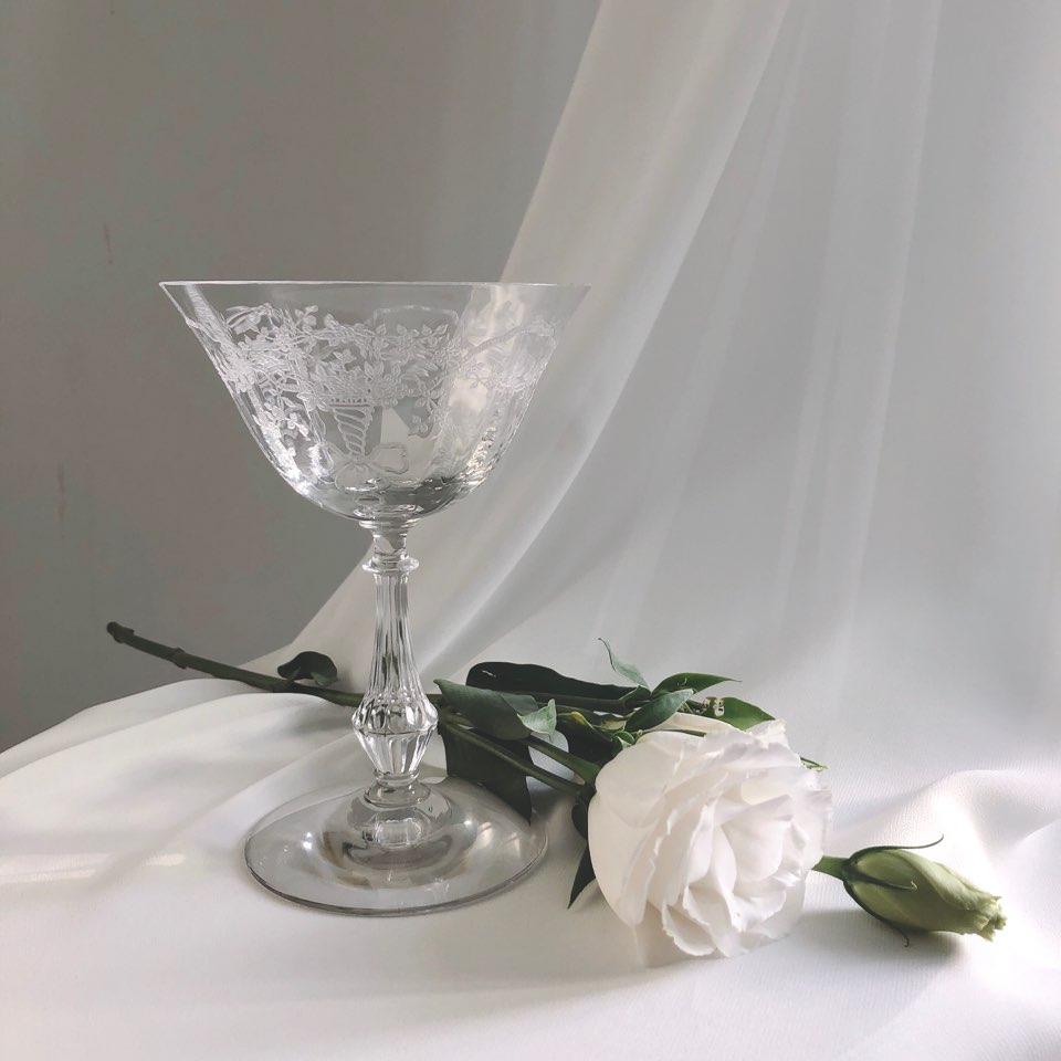 포스토리아 코르사주 크리스탈 에칭 고블렛 샴페인잔 앤틱와인잔