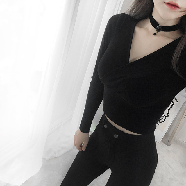 [색상추가] 쫀쫀 스판 랩 셔링 브이넥 섹시 크롭티셔츠 4color0 - 상세 이미지 4