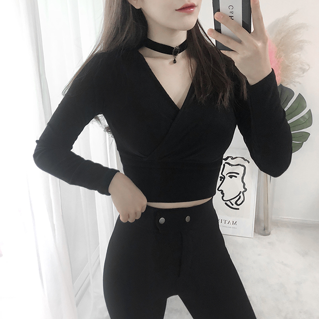 [색상추가] 쫀쫀 스판 랩 셔링 브이넥 섹시 크롭티셔츠 4color0 - 상세 이미지 3