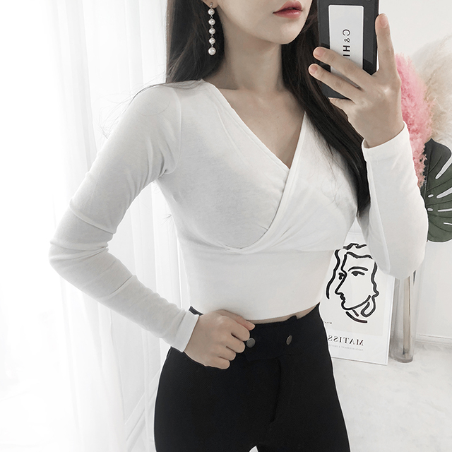 [색상추가] 쫀쫀 스판 랩 셔링 브이넥 섹시 크롭티셔츠 4color0 - 상세 이미지 2