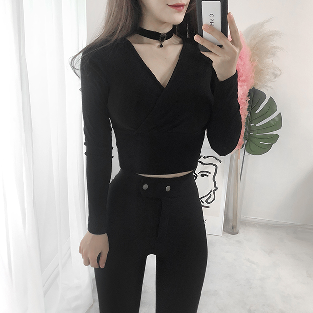 [색상추가] 쫀쫀 스판 랩 셔링 브이넥 섹시 크롭티셔츠 4color0 - 상세 이미지 5