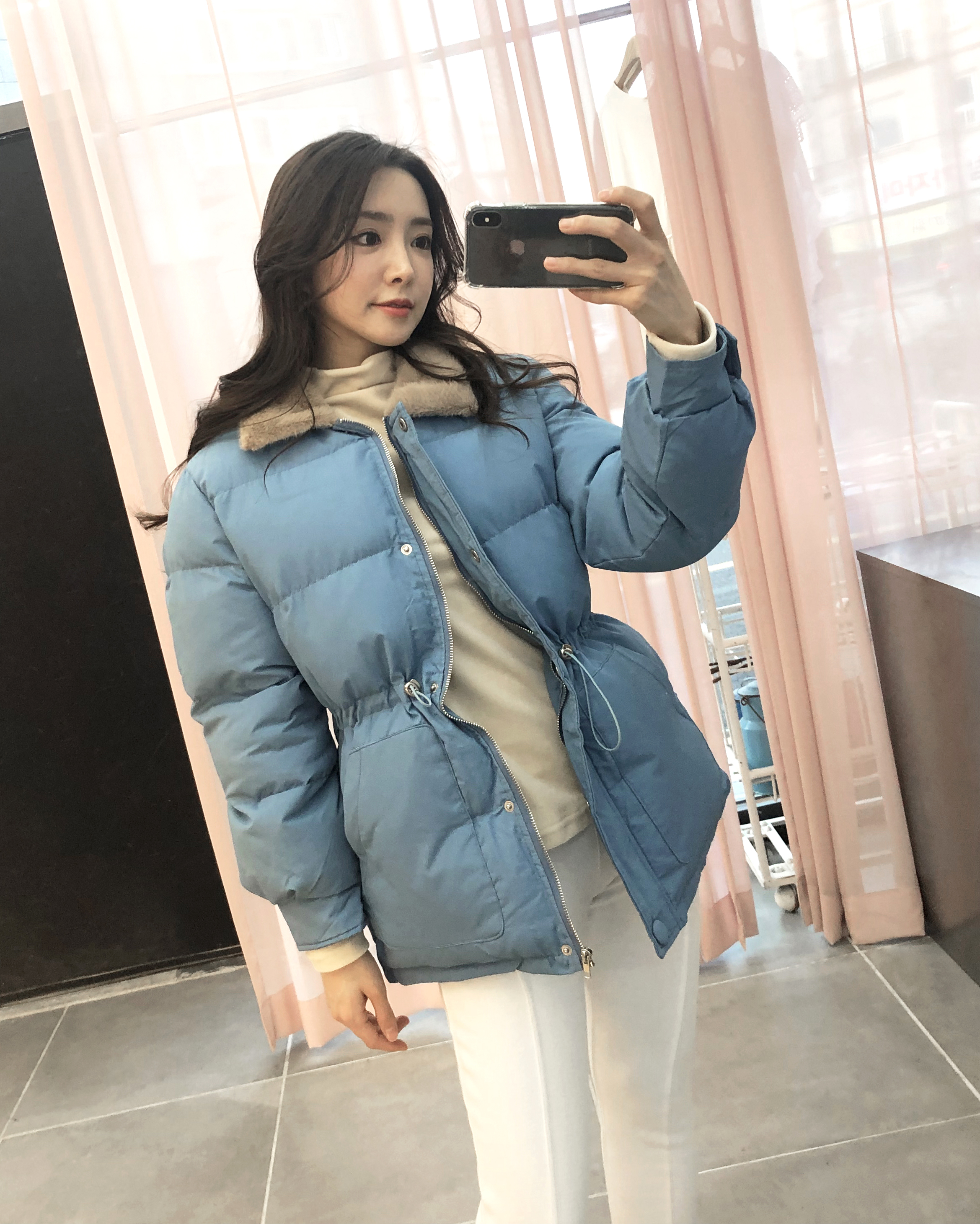 밍크 퍼카라 스트링 숏 패딩 - 상품 이미지