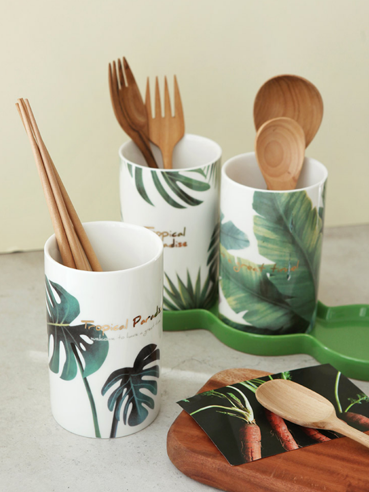 트로피컬 도자기 3단 물빠짐 수저통