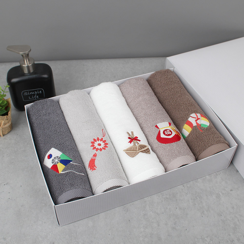 송월타월 150g 30수 전통자수 수건 5매 세트 쇼핑백 제공 - 상품 이미지