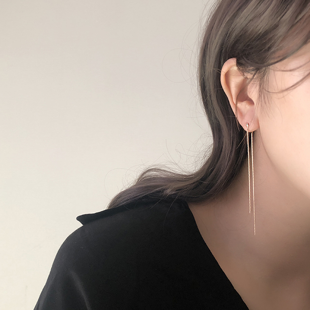심플 큐빅 체인 두줄 드롭 귀걸이 실버 골드 티타늄 - 상세 이미지 3