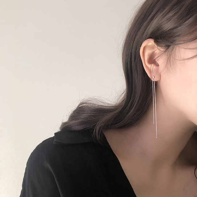 심플 큐빅 체인 두줄 드롭 귀걸이 실버 골드 티타늄 - 상품 이미지