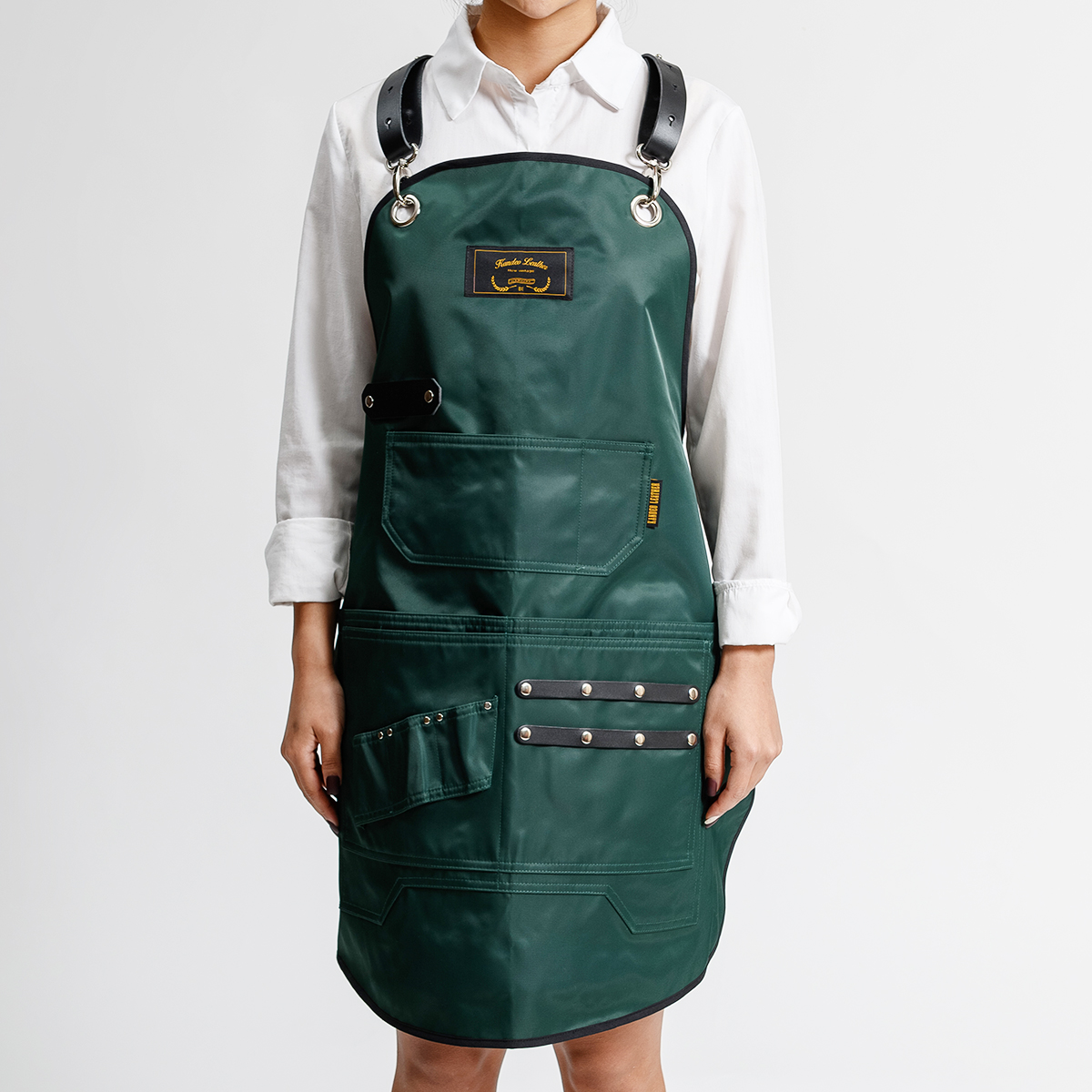 칸데오레더  레인져 딥그린 공방 미용실 카페 미용사 바리스타 앞치마 제작 가죽 방수앞치마