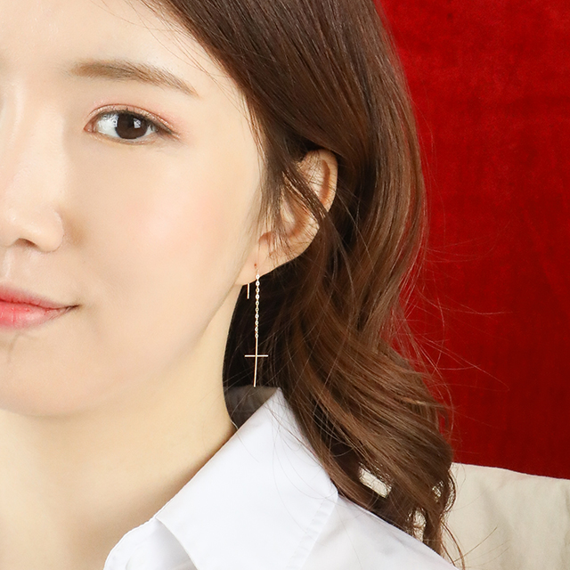 14k 롱 체인 십자가 언발 드롭 침 귀걸이 옐로우 핑크 로즈 골드 2 color - 상세 이미지 3