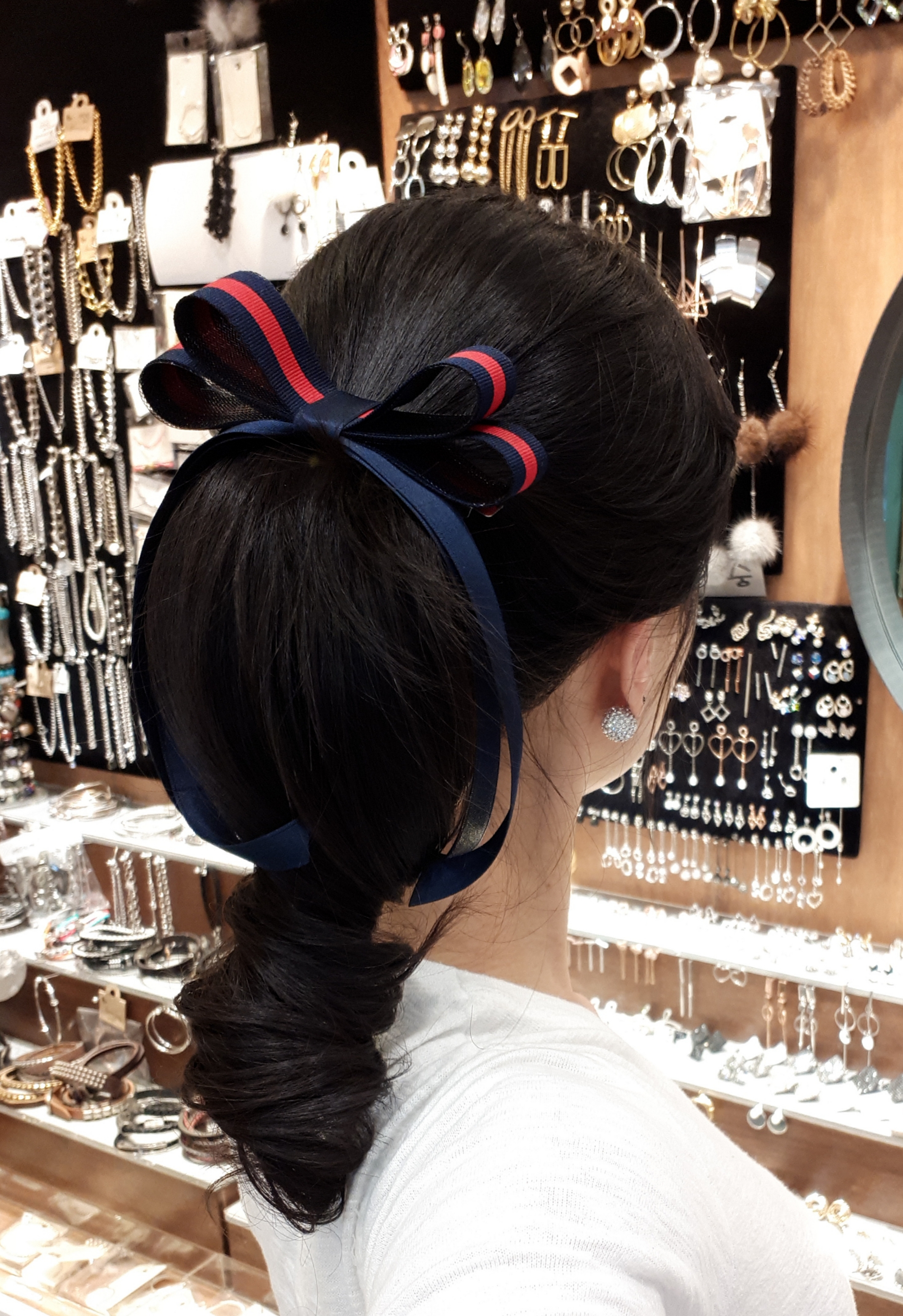 그린 레드 네이비 레드 투톤 믹스 이중 볼륨 꼬리 리본 헤어핀 - 상품 이미지