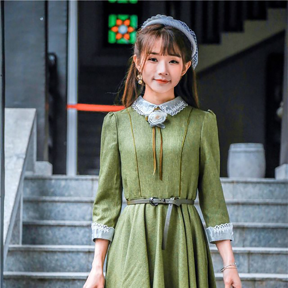 복고 의상 클래식 레트로 롱 그린원피스 - 상세 이미지 4