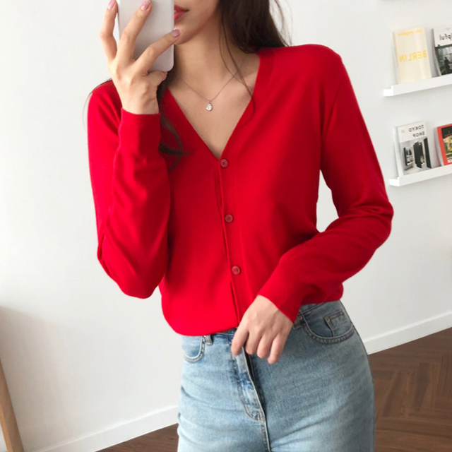 촉감좋은 간절기 캐시미어 가디건 여성 니트 브이넥가디건 숏 크롭 가디건 레드 핑크