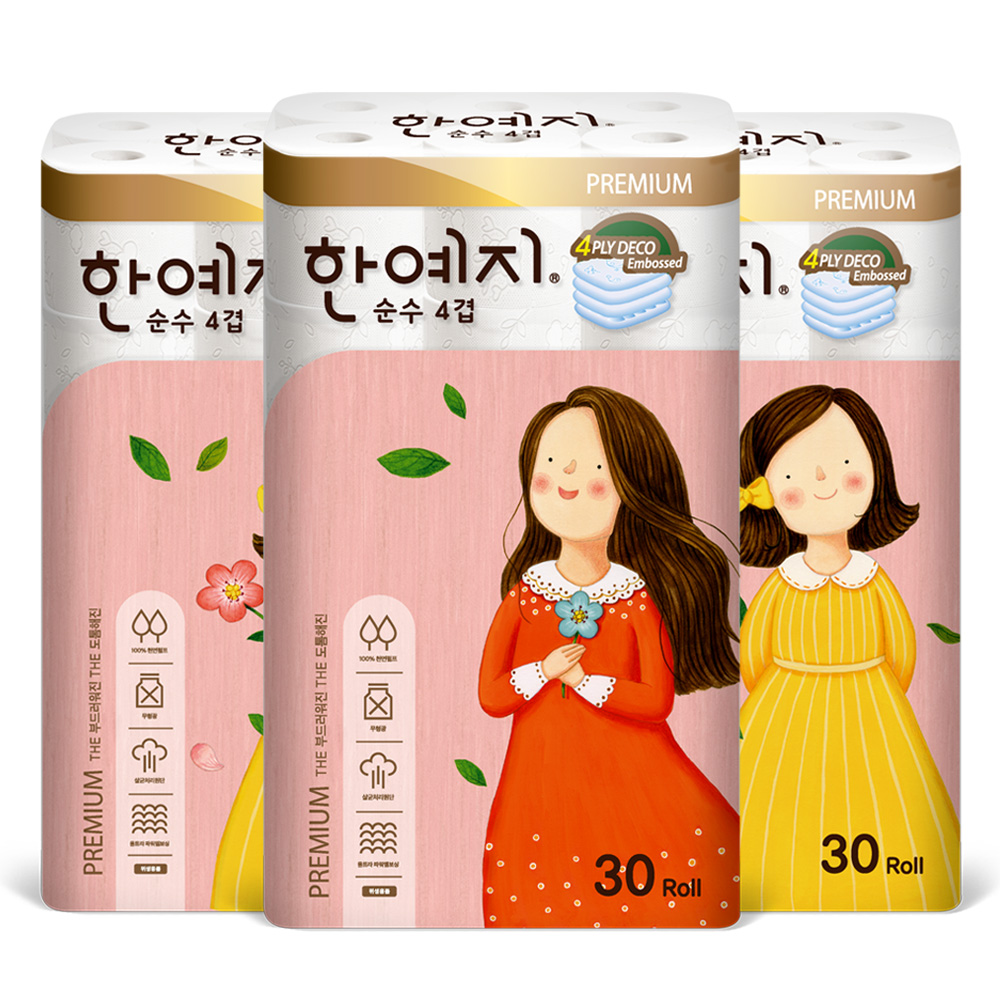 한예지 천연펄프 프리미어 순수 4겹 화장지 25m, 30롤, 3팩 - 상세 이미지 2