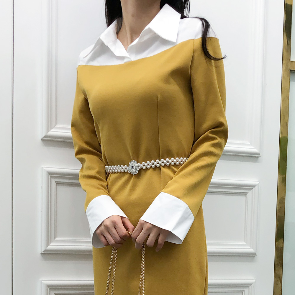 여성 큐빅 진주 포인트 원피스 벨트 - 상세 이미지 2