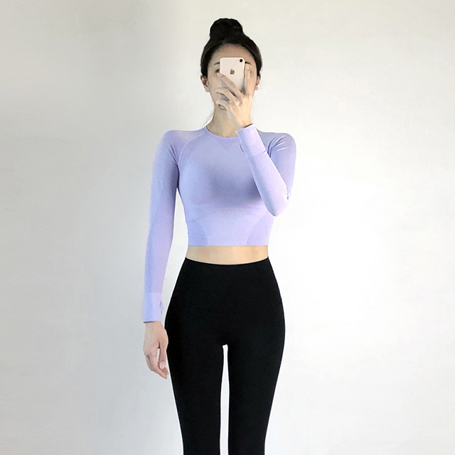 여리 핑거홀 크롭티 바이올렛 긴팔 요가 크롭 탑 필라테스 옷 - 상세 이미지 3