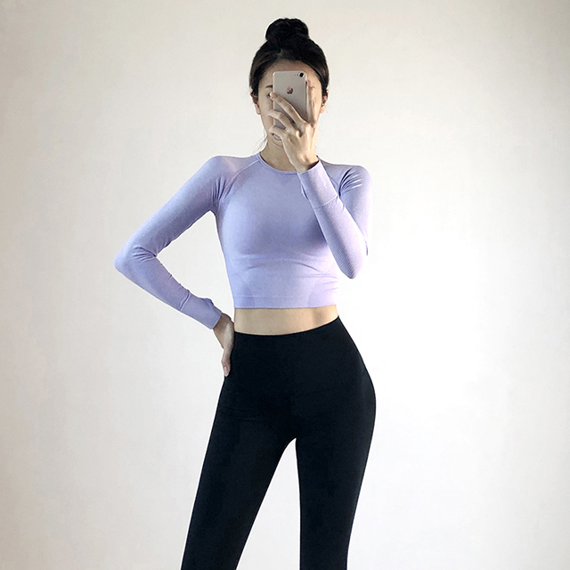여리 핑거홀 크롭티 바이올렛 긴팔 요가 크롭 탑 필라테스 옷 - 상세 이미지 4