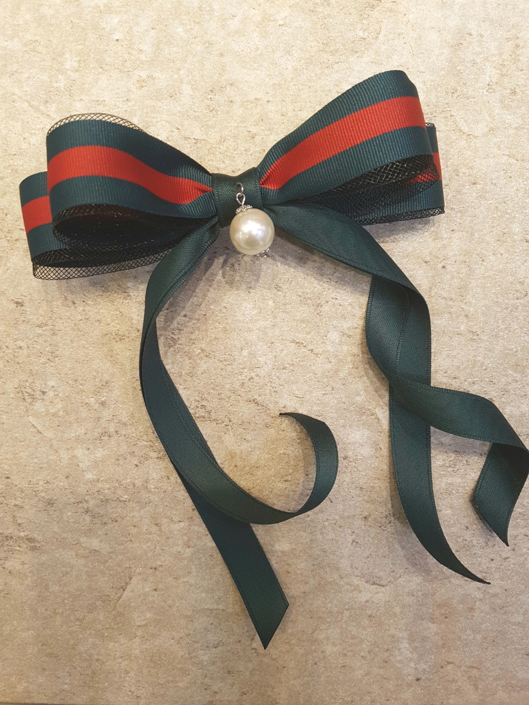 네이비 그린 레드 믹스 중앙 진주 팬던트 골프 리본 헤어핀 - 상세 이미지 2