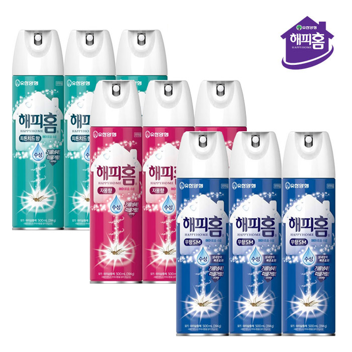 해피홈 에어로솔 유성 무성 모기살충제 500ml / 무향 피톤치드 X3개