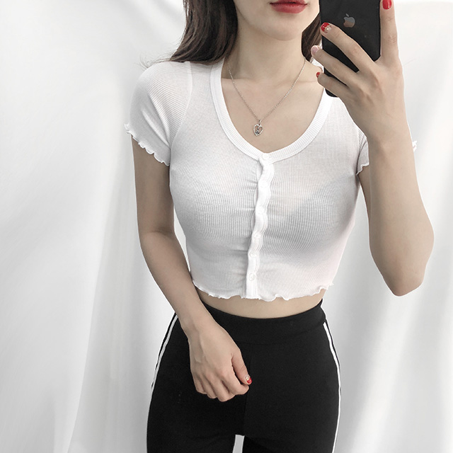 [자체제작] [블루 당일] 워터밤 흠뻑쇼 잔프릴 골지 단추 반팔 크롭티셔츠 - 상세 이미지 3