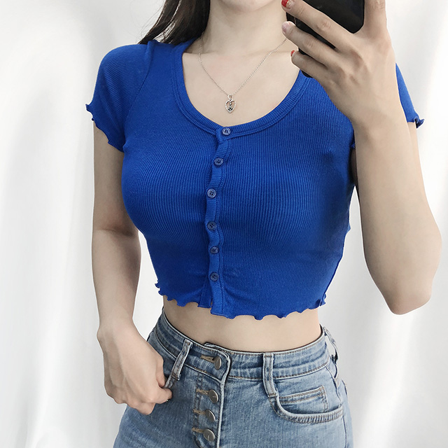 [자체제작] [블루 당일] 워터밤 흠뻑쇼 잔프릴 골지 단추 반팔 크롭티셔츠 - 상품 이미지