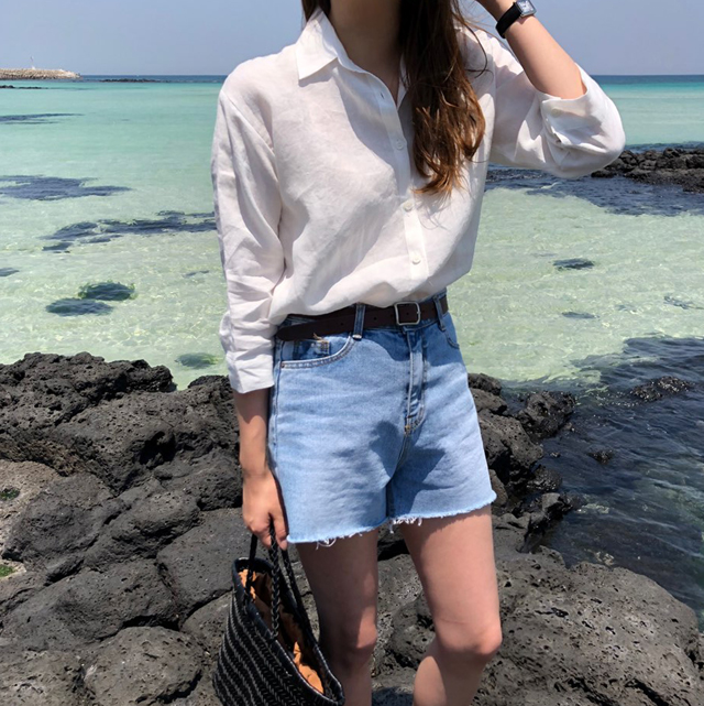 하이웨스트진 찢어진 여자 청반바지 4부 세미와이드 데님팬츠 여성여름청바지 찢청 연청바지