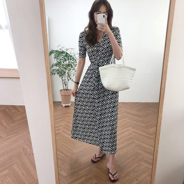 슬림 맥시 반팔 랩 원피스 냉장고 브이넥 루즈핏 롱원피스 여름원피스 여성 휴양지 바캉스룩
