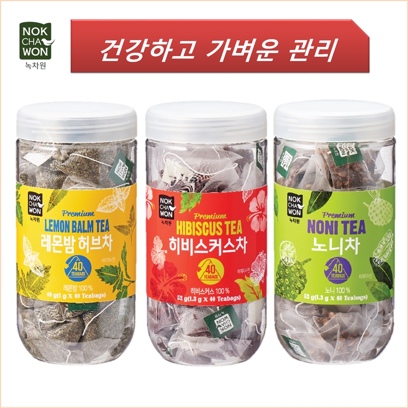 [녹차원] 건강하고 가벼운 TEA 3종(히비스커스 40T+레몬밤 40T+노니차 3종) (피라미드 티백) - 상품 이미지