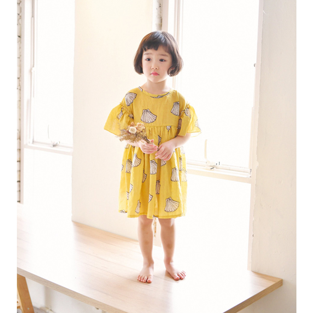 알로하 원피스 여아 아동 옐로우 보통핏 면 트로피칼 조개 하와이 노랑