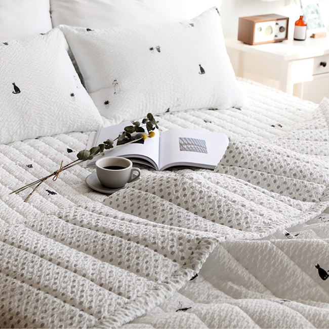 고양이 시어서커 여름 ss슈퍼싱글 이불세트-화이트