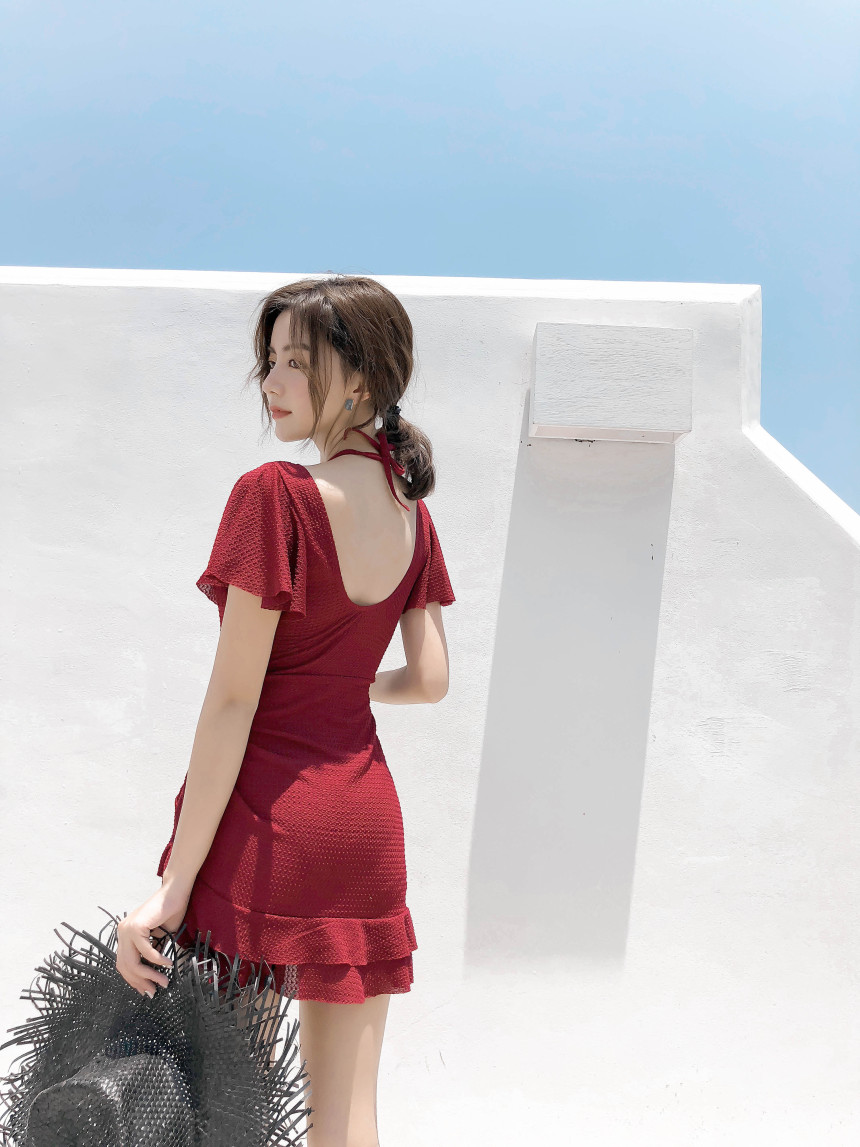 [M-2XL/빅사이즈] 셔링 원피스 수영복 체형커버 반팔 프릴 래쉬가드 반바지 일체형 상세 이미지 10