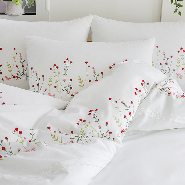 광목 자수 이불세트 레드플라워 신혼 예단 혼수 SS Q K SK