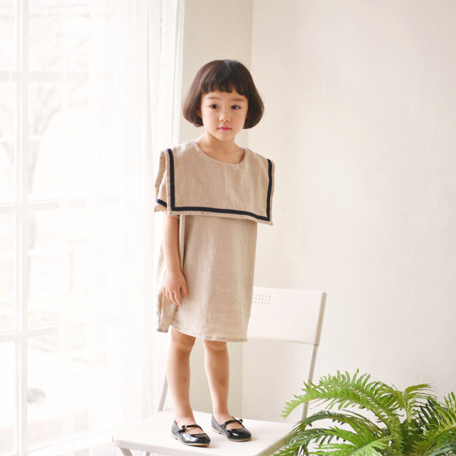 올라 스쿨룩 여름 여아원피스 베이지 반팔 세일러 아동 면 스퀘어 카라 유아 원피스