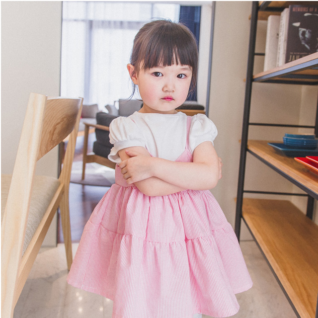 릴리원피스 스트라이프 레이어드 여아 아동 핑크 블루 보통핏 면 배앓이 방지 - 상세 이미지 3