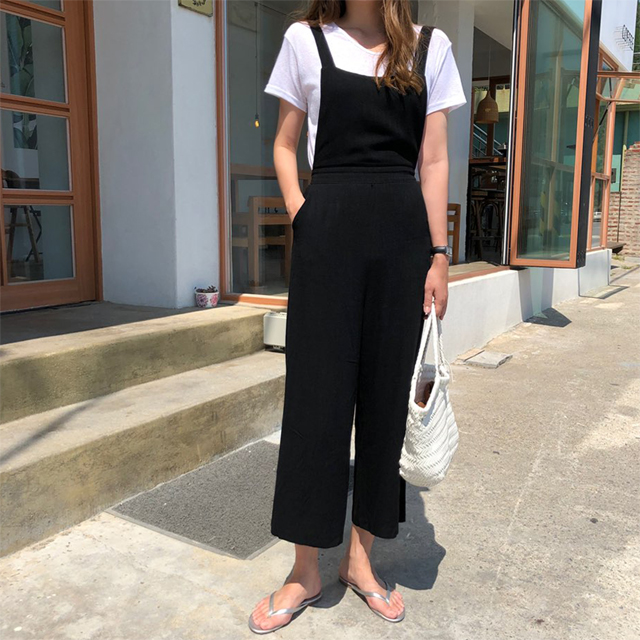 여름 린넨 여자 멜빵바지 여성 와이드 팬츠 - 상세 이미지 4