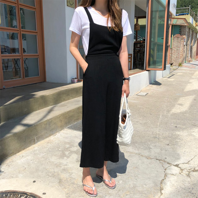 여름 린넨 여자 멜빵바지 여성 와이드 팬츠 - 상세 이미지 5