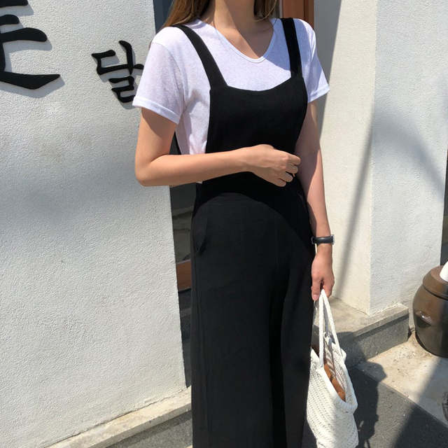 여름 린넨 여자 멜빵바지 여성 와이드 팬츠 - 상세 이미지 2