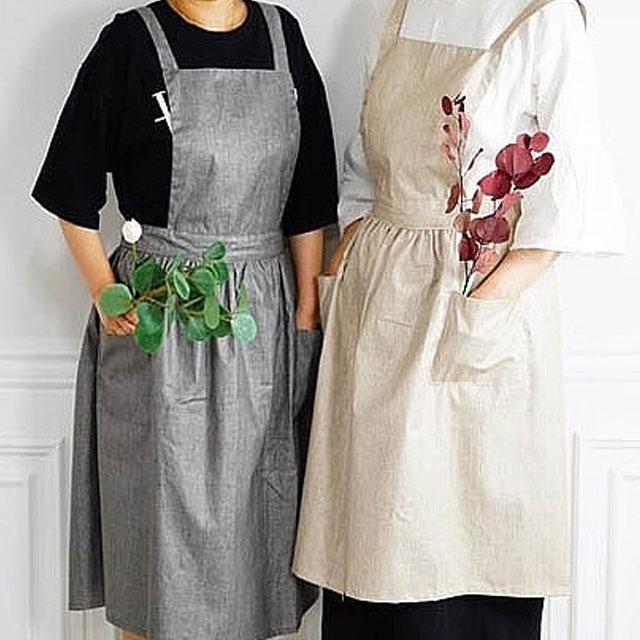 메이 원피스 방수 린넨 앞치마 베이지