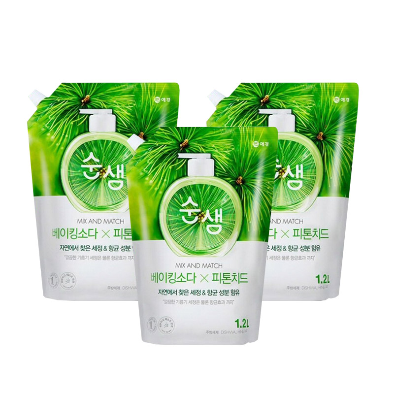 애경 순샘 베이킹소다 피톤치드 1종 주방세제 1.2L 리필 X3개 - 메인 이미지