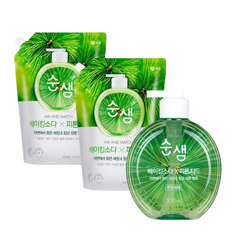 애경 순샘 베이킹소다 피톤치드 1종 주방세제 500ml 용기+1.2L 리필 2개 - 상품 이미지