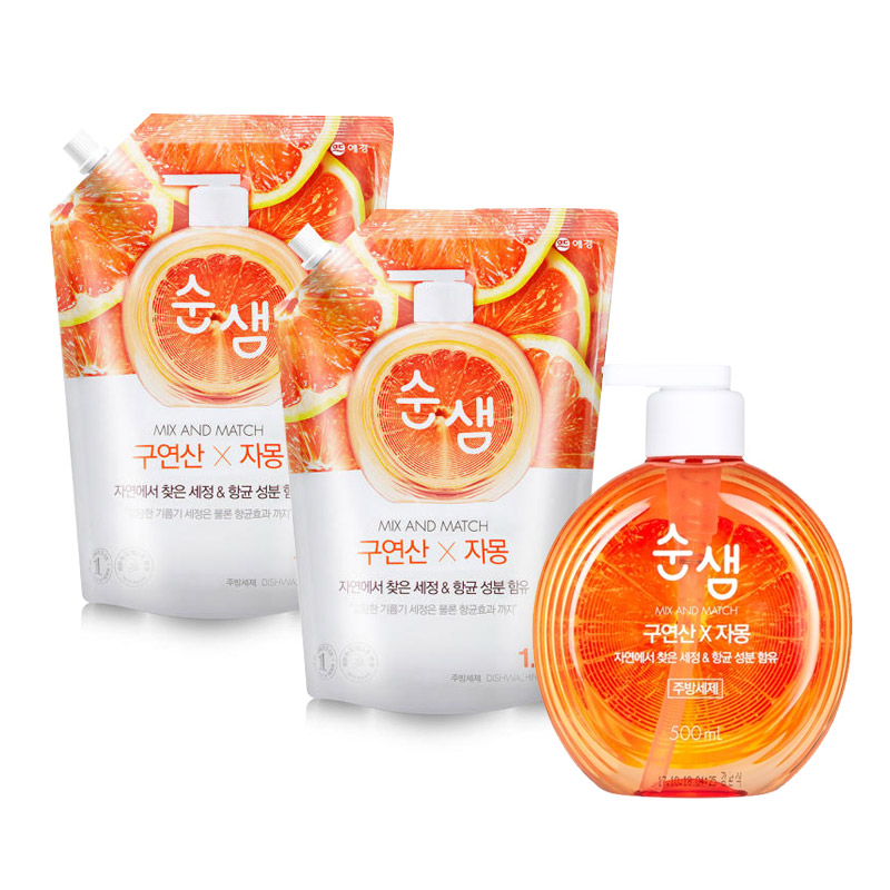 애경 순샘 구연산 자몽 1종 주방세제 500ml 용기+1.2L 2개 - 상품 이미지