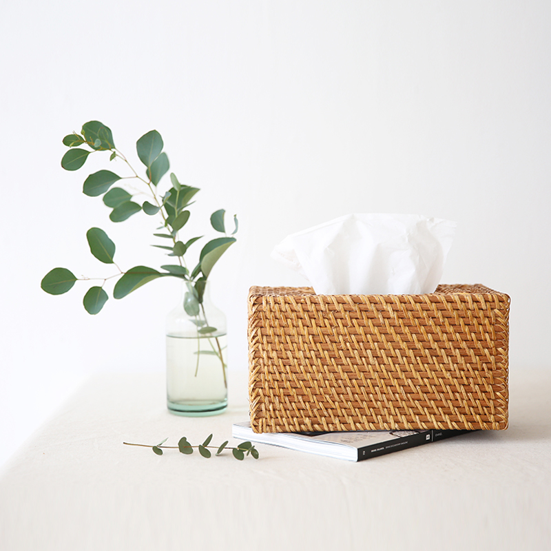 라탄 원목 사각 티슈케이스 곽티슈 커버 보관 식탁 화장대 인테리어 감성