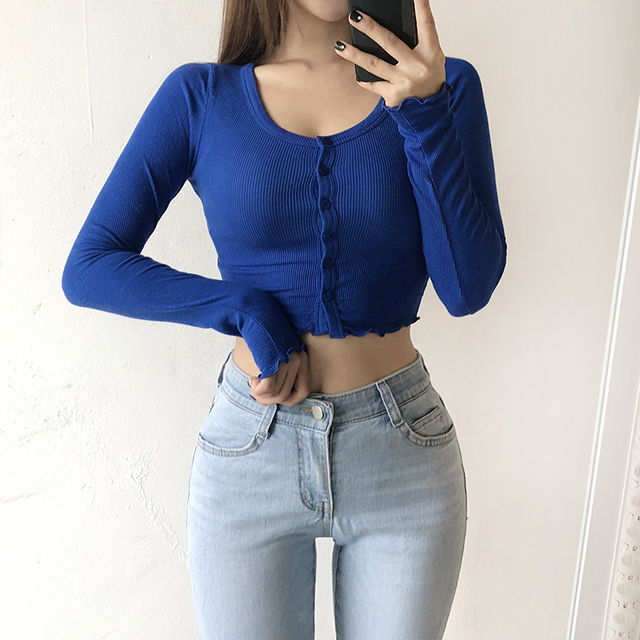 필수템 잔프릴 골지 단추 긴팔 크롭티 7color - 상세 이미지 3