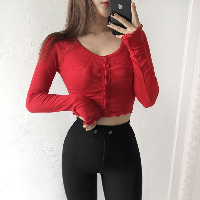 필수템 잔프릴 골지 단추 긴팔 크롭티 7color - 상세 이미지 2